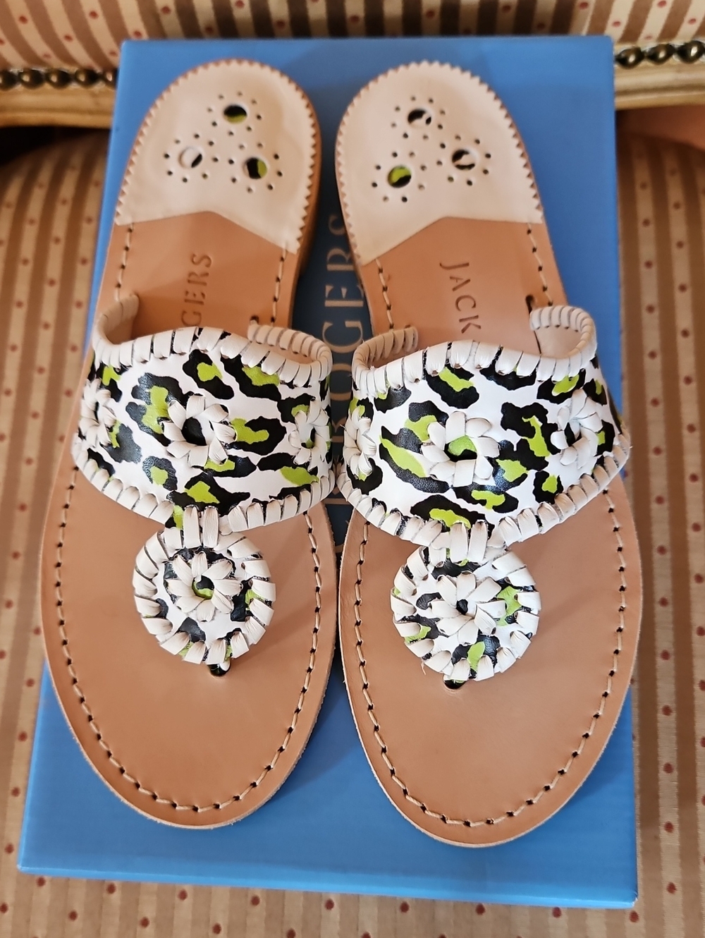 Jack Rogers  Animal Print Thong Sandals In White, Bright Green,and Black Print